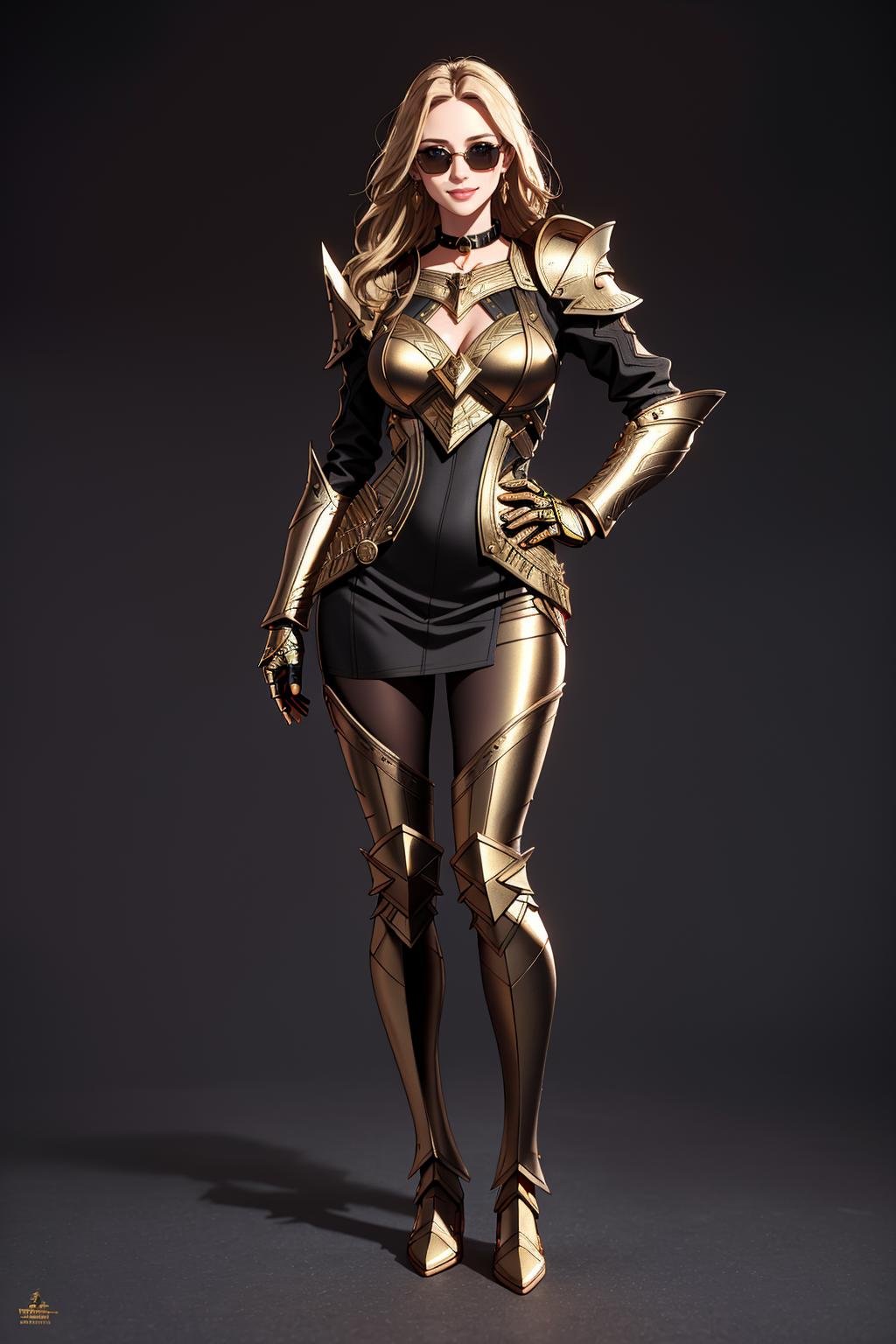((Masterpiece, best quality,edgQuality)),smiling,excited,(standing,full body)edgGolden, a woman dressed in golden armor ,wearing edgGoldenBlonde Nadia with (sunglasses and a choker)<lora:Ultimate_Nadia:0.5> <lora:edgNadiaGolden:0.8>