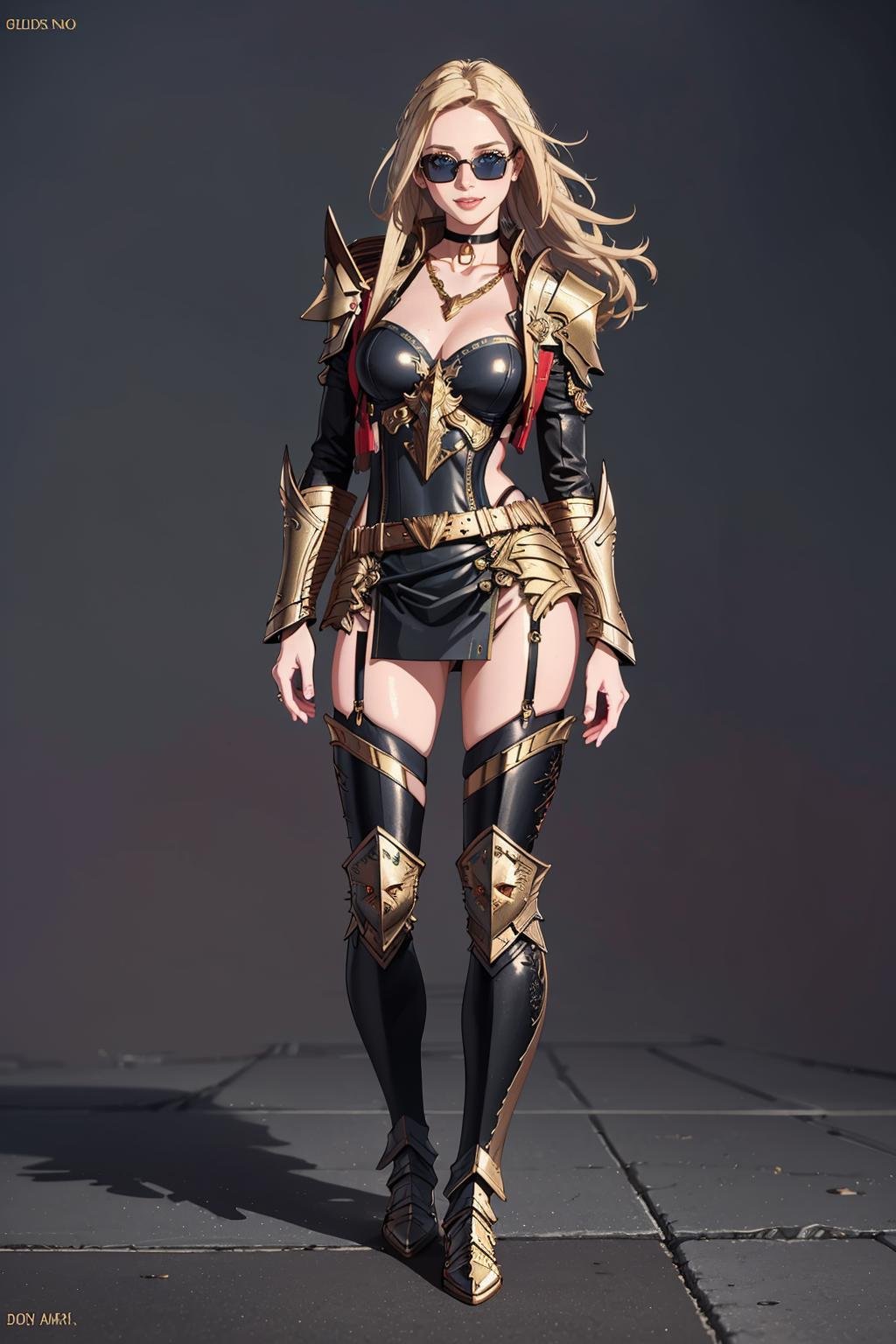 ((Masterpiece, best quality,edgQuality)),smiling,excited,((full body picture))edgGolden, a woman dressed in golden armor ,wearing edgGoldenBlonde Nadia with (sunglasses and a choker)<lora:Ultimate_Nadia:0.5> <lora:edgNadiaGolden:1>