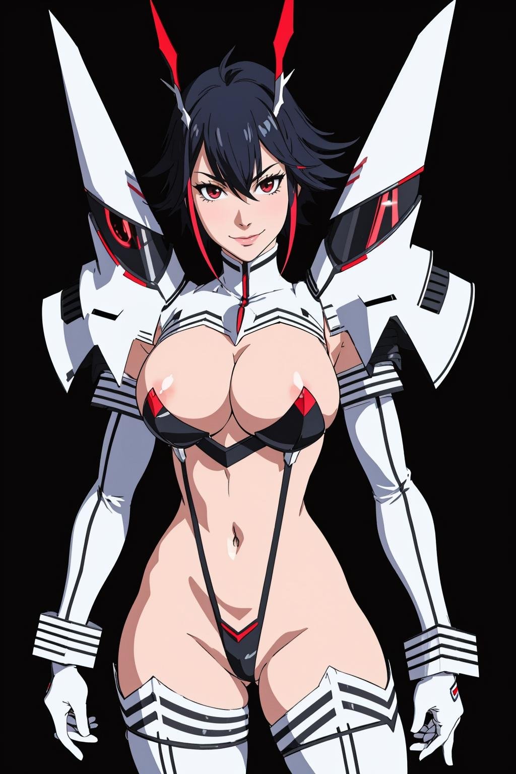 ((Masterpiece, best quality,edgQuality)),edgKLK, smile, short hair, large breasts, cleavage, multicolored hair, boots, clothing cutout, thigh boots, cleavage cutout, black background, mature female, rainbow hair ,wearing edgKLK_outfit <lora:edgKilllaKill_nai:1>