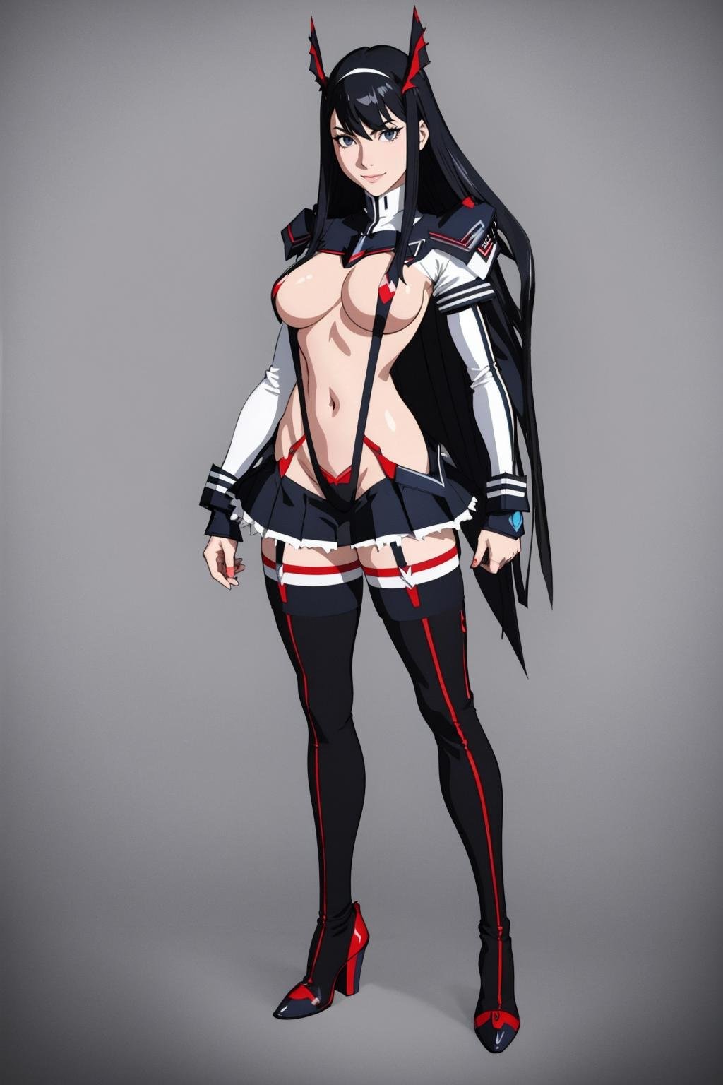 ((Masterpiece, best quality,edgQuality)),edgKLK, long hair, smile, blue eyes, skirt, black hair, medium breasts, full body, boots, high heels, clothing cutout, underboob, thigh boots, suspenders, revealing clothes ,wearing edgKLK_outfit <lora:edgKilllaKill_nai:1>