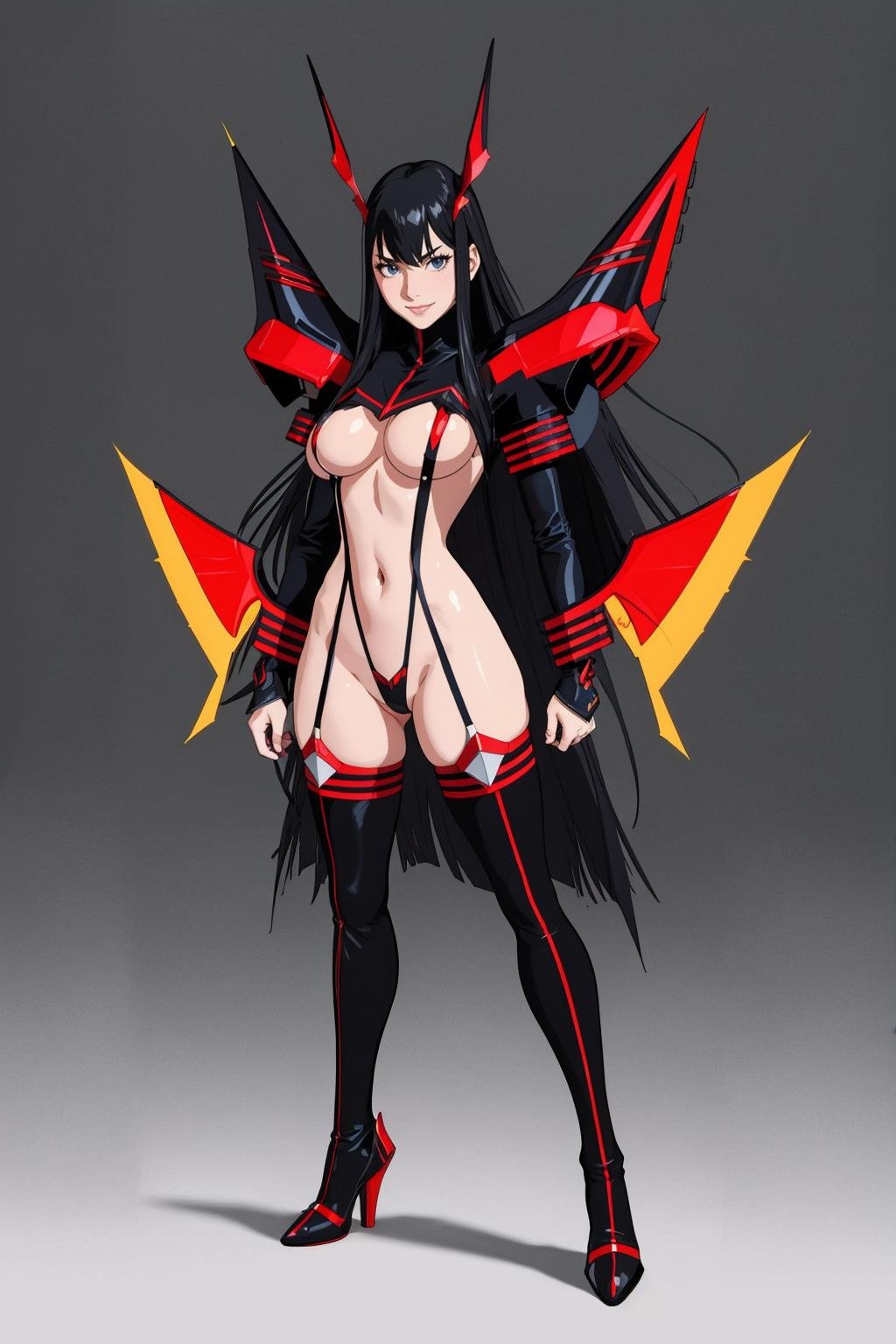 ((Masterpiece, best quality,edgQuality)),edgKLK, long hair, smile, blue eyes, skirt, black hair, medium breasts, full body, boots, high heels, clothing cutout, underboob, thigh boots, suspenders, revealing clothes ,wearing edgKLK_outfit <lora:edgKilllaKill_nai:1>