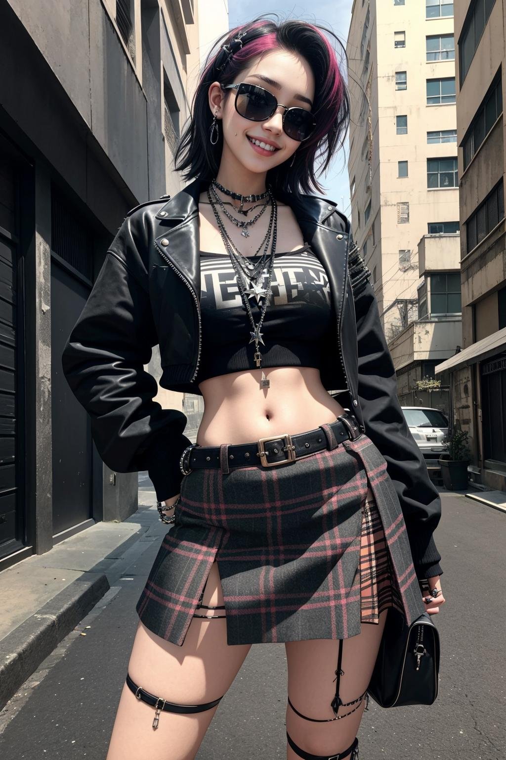 ((Masterpiece, best quality,edgQuality)),solo,1girl,smiling,excited,edgGrunge, a woman posing for a picture ,wearing edgGrunge fashion,plaid skirt,leather jacket, sunglasses <lora:edgGrungeFreestyle:1>