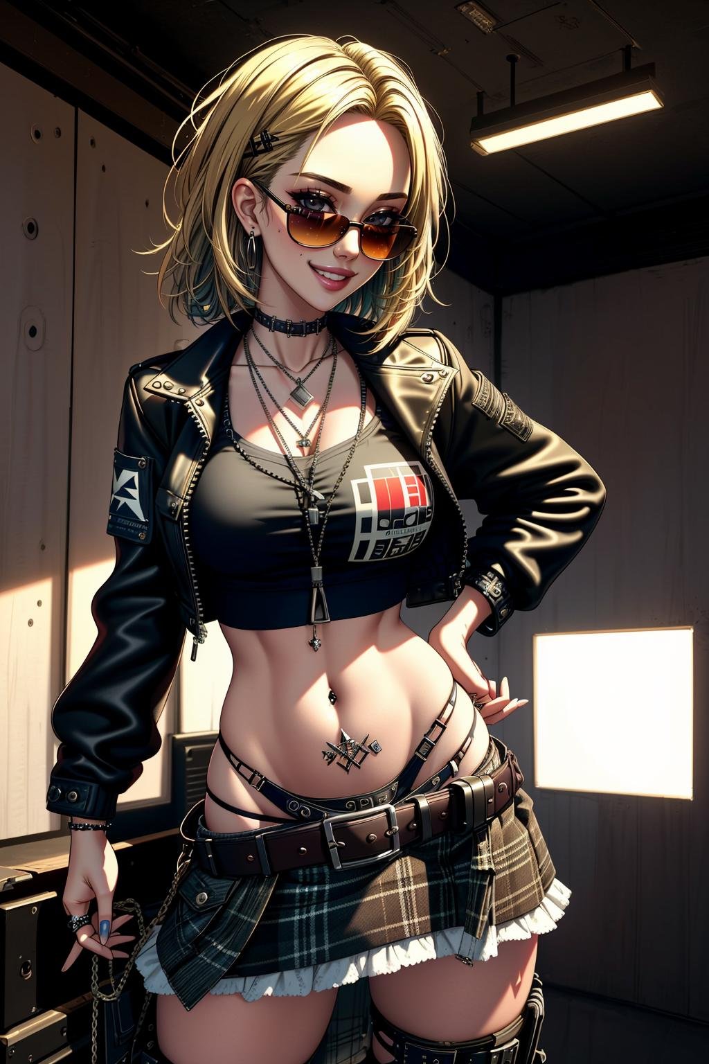 ((Masterpiece, best quality,edgQuality)),solo,1girl,smiling,excited,edgGrunge, a woman posing for a picture ,wearing edgGrunge fashion,plaid skirt,leather jacket, sunglasses <lora:edgGrungeFreestyle:1>Blonde Nadia with sunglasses and a choker  <lora:Ultimate_Nadia:0.5>