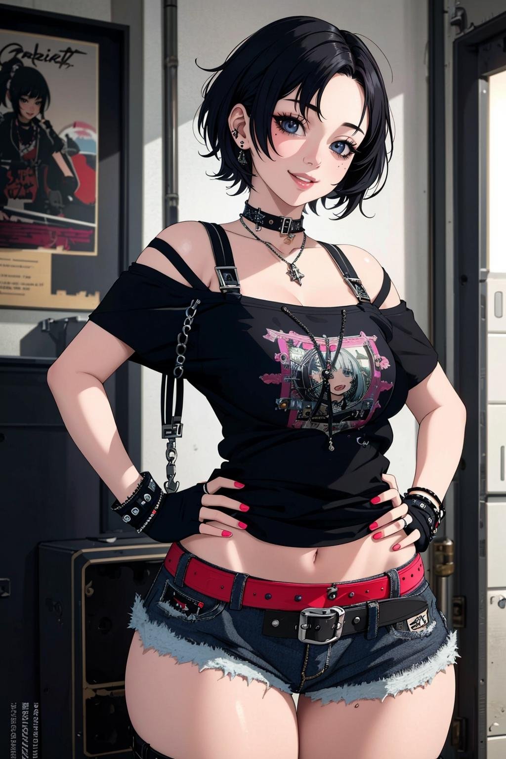 ((Masterpiece, best quality,edgQuality)),solo,1girl,smiling,excited,edgGrunge, a woman with a very short hair and a very sexy outfit ,wearing edgGrunge fashion <lora:edgGrungeFreestyle:1>
