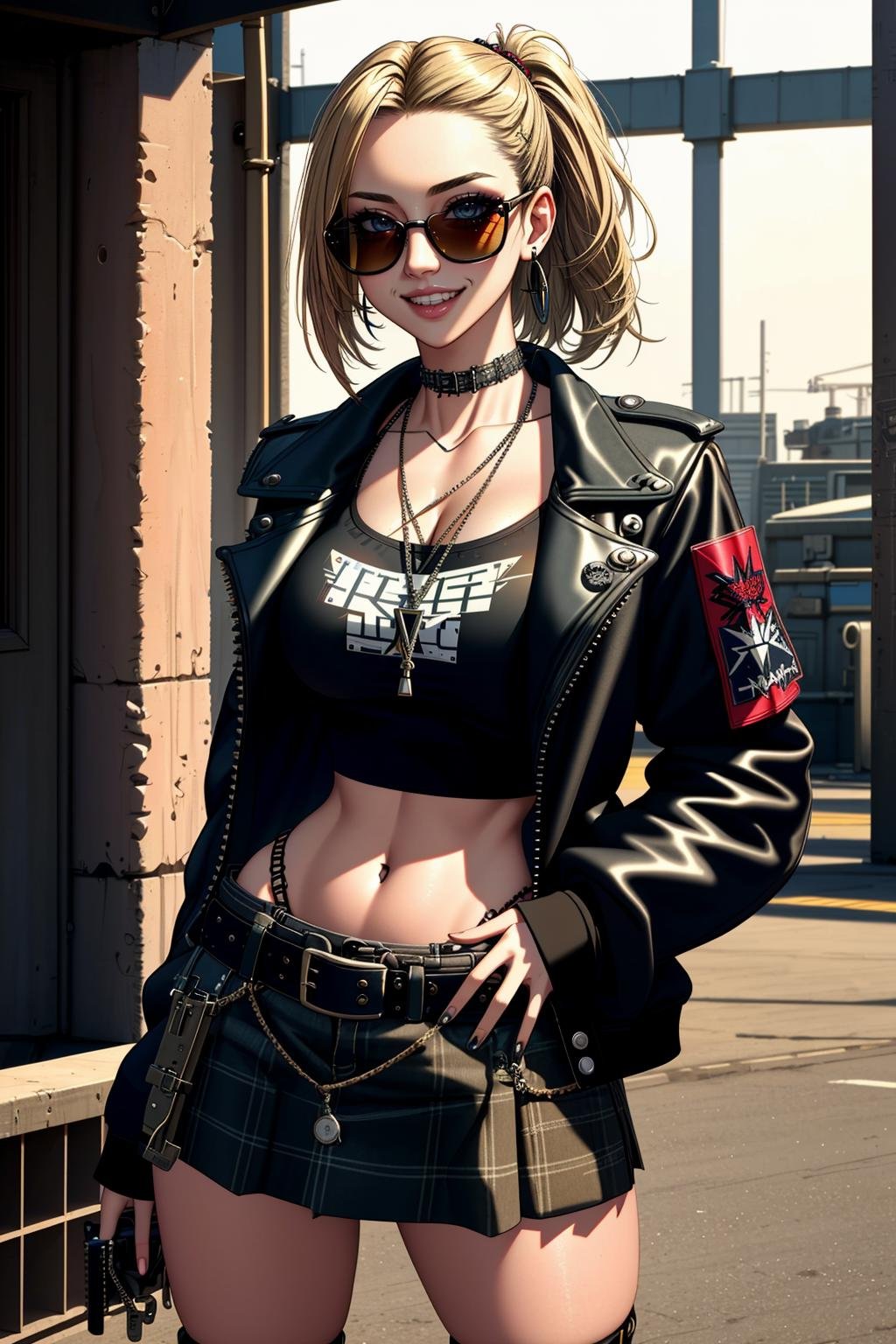 ((Masterpiece, best quality,edgQuality)),solo,1girl,smiling,excited,edgGrunge, a woman posing for a picture ,wearing edgGrunge fashion,plaid skirt,leather jacket, sunglasses <lora:edgGrungeFreestyle:1>Blonde Nadia with sunglasses and a choker  <lora:Ultimate_Nadia:0.5>
