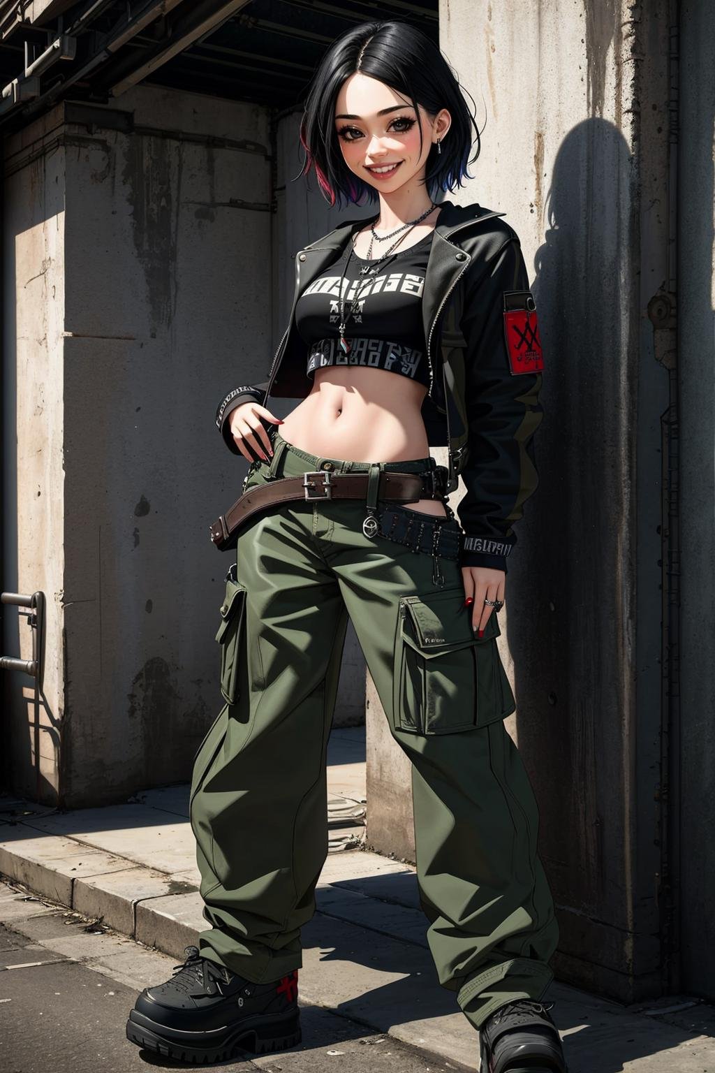 ((Masterpiece, best quality,edgQuality)),solo,1girl,smiling,excited,edgGrunge, a woman posing for a picture ,wearing edgGrunge fashion,cargo pants,leather jacket, <lora:edgGrungeFreestyle:1>