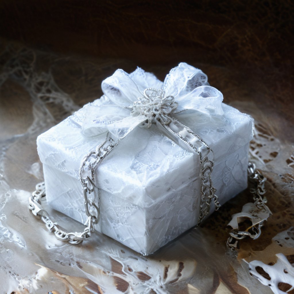 Xmas ice covered chain wrapped christmas gift on a filigree background
