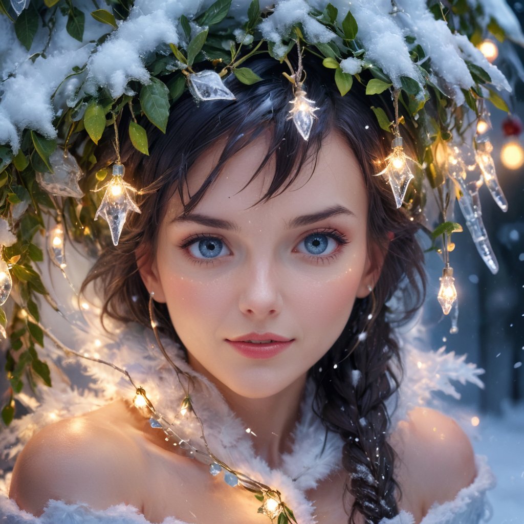 close shot, Xmas woman, christmas style background, (string lights:0.4), instant christmas, Xmas
ice covered
snow covered
neatly wrapped
with icicles
icicles
mistletoe
insanely detailed, masterpiece, best quality, 8k, ultra high res, High contrast and low saturation, 