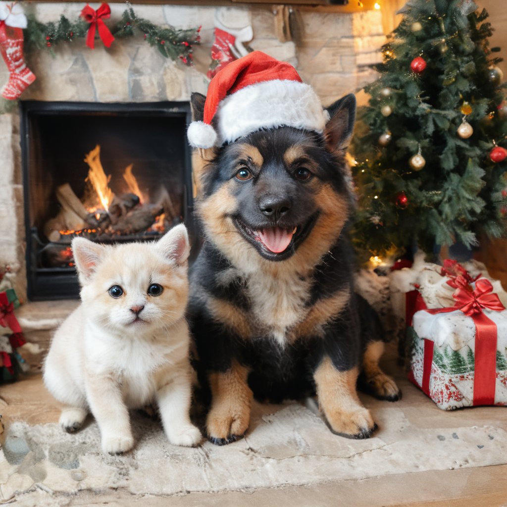 Closeup of a cute fluffy British Shorthair smiling kitten and a cute fluffy German Shepherd puppy sitting together under a Christmas tree,

fireplace in the background,
with Christmas socks
at the fireplace
Big eyes,
Santa hat on his head
perfect facial features,

smile,

cinematic,

breathtaking,

atmospheric,

sharp focus,

Filigree,

Golden cut,

perfect composition,

complex background

