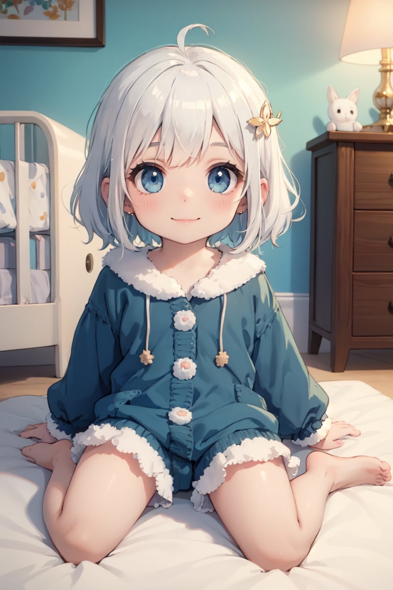 (masterpiece, best quality, highres, ultra-detailed),(beautiful and aesthetic:1.2), 1girl, baby,infant,toddler, satomi gojo, white hair, hair ornament, ahoge, blue eyes, fleece sleepers, nursery, kids bedroom, intricate details, perfect shadows and lighting, <lora:Chibi_style:0.3>