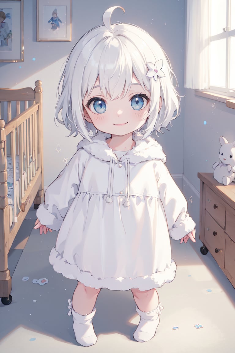 (masterpiece, best quality, highres, ultra-detailed),(beautiful and aesthetic:1.2), 1girl, baby,infant,toddler, satomi gojo, white hair, hair ornament, ahoge, blue eyes, fleece sleepers, kids bedroom, intricate details, perfect shadows and lighting, <lora:chibi_anime:0.3>