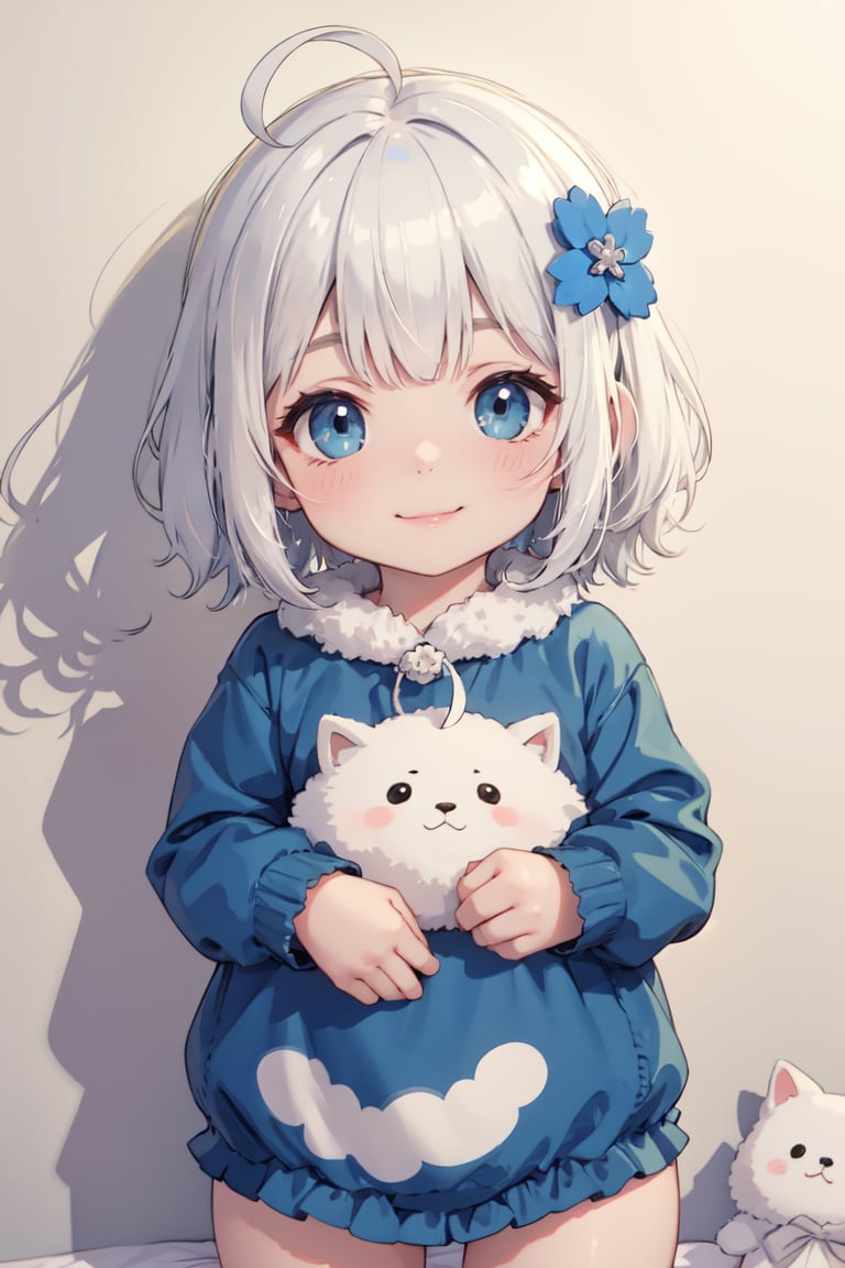 (masterpiece, best quality, highres, ultra-detailed),(beautiful and aesthetic:1.2), 1girl, baby,infant,toddler, satomi gojo, white hair, hair ornament, ahoge, blue eyes, fleece sleepers, kids bedroom, intricate details, perfect shadows and lighting, <lora:Chibi_style:0.3>