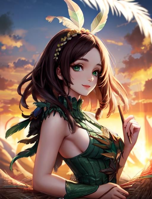 best quality, masterpiece, highres, detailed, digital artwork, <lora:Detail - add_detail:0.2>, AmaryllisDRS, gem, jade, dreadlock hair, thick hair, medium hair, green eyes, feather ornament, forehead, mature woman, <lora:AmaryllisDRS-10:0.9>, straw hut, happy,