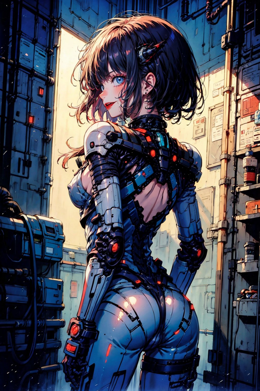 (best quality, masterpiece:1.1), looking outside, (1female), cyborg, machine vein, cyberpunk, chemical, viewed_from_behind 