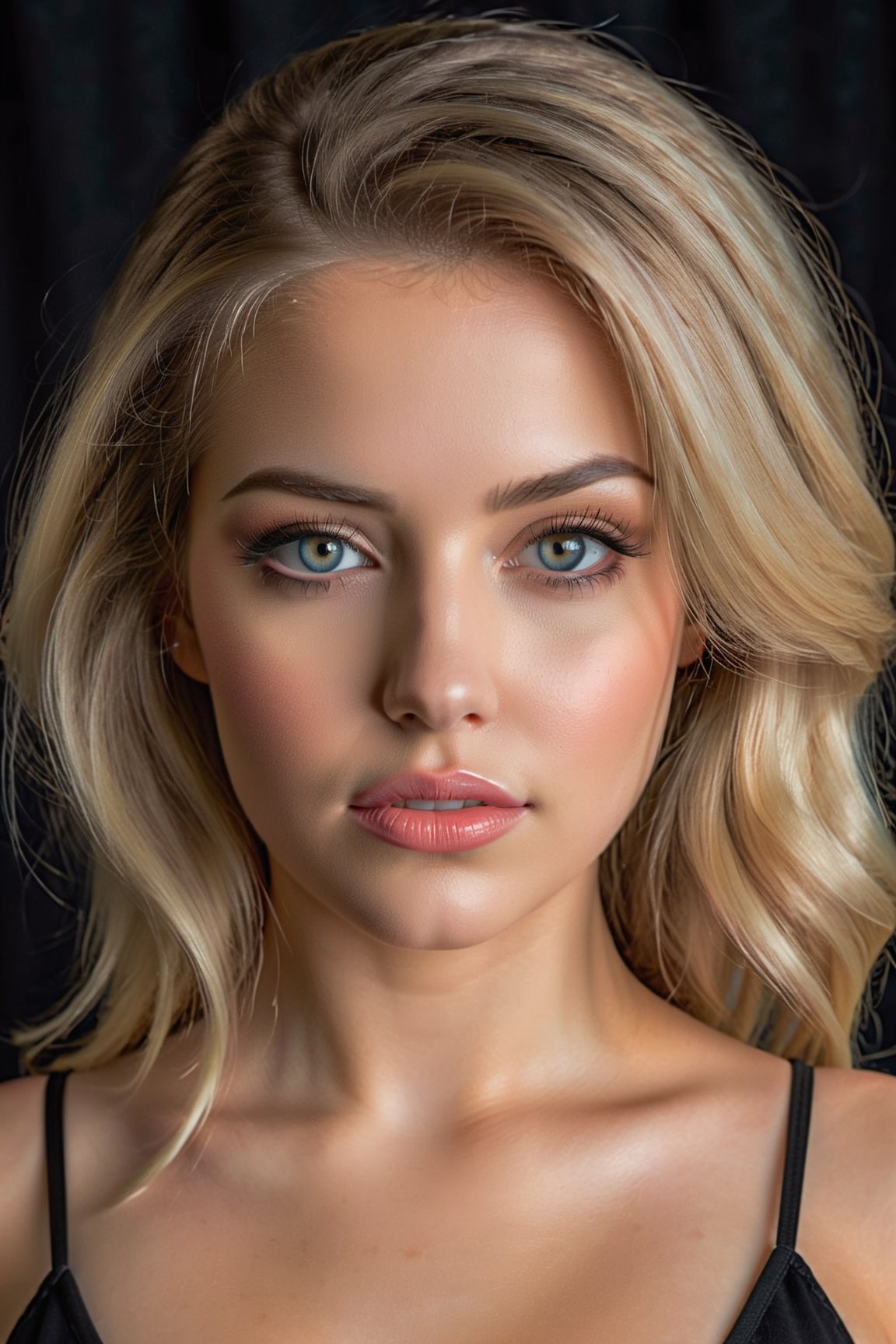 super cute blond woman,dark theme,beautiful detailed eyes,beautiful detailed lips,extremely detailed eyes and face,long eyelashes,medium:oil painting,ultra-detailed,(realistic,photorealistic,photo-realistic:1.37),best quality,masterpiece:1.2,highres,vivid colors,studio lighting