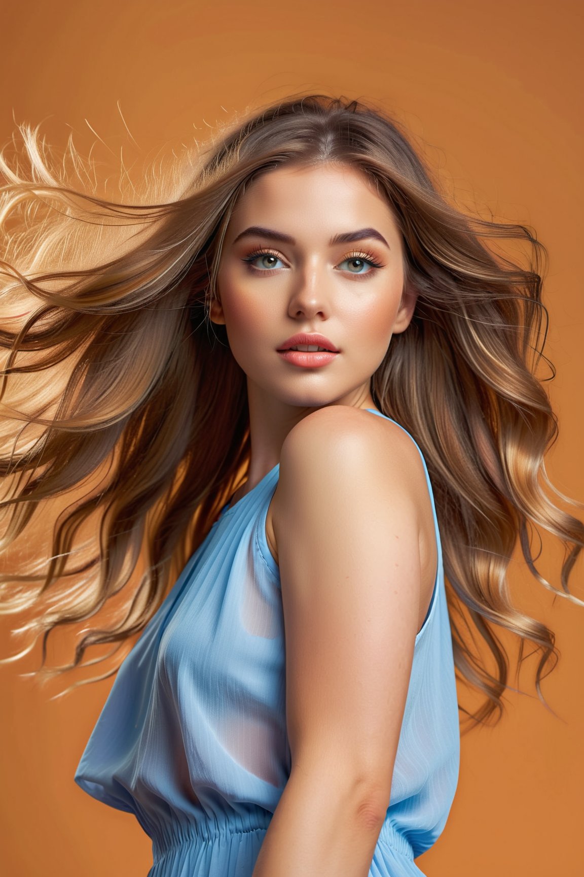 (best quality, ultra-detailed, realistic:1.37), digital illustration, vibrant background, playful expression, summer fashion, natural lighting, warm color tones, flowing hair, dynamic pose