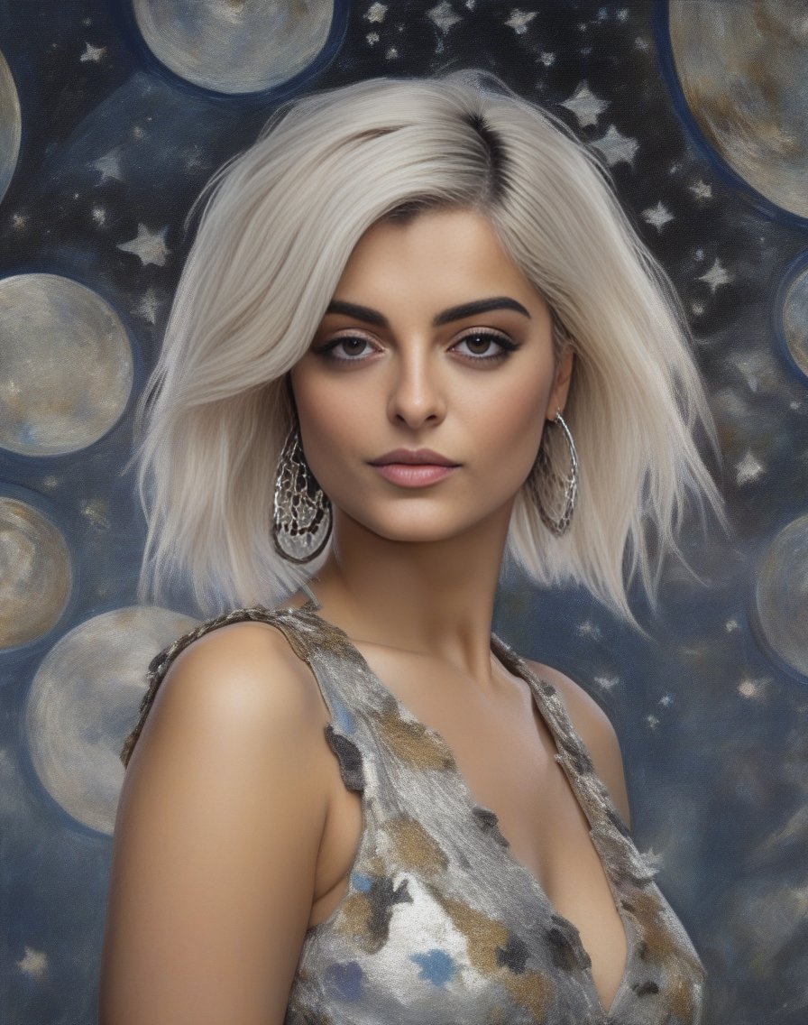BebeRexha, art by Dorothea Sharp, portrait, Hopeless,close up of a Middle Aged Hellenistic Girl, fashion modeling pose, from inside of a Zoo, Silver water, Stars in the sky, equirectangular 360, 50s Art, 35mm, arthouse, <lora:BebeRexhaSDXL:1>
