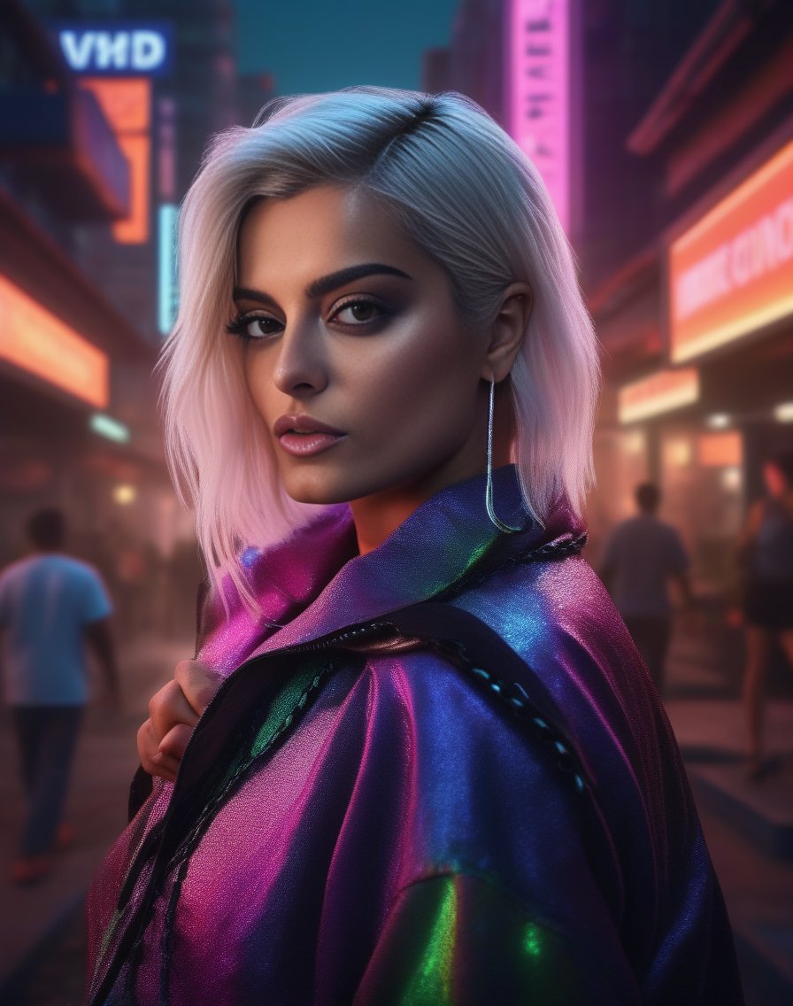 BebeRexha,<lora:BebeRexhaSDXL:1>female, realistic photo, detailed portrait photography by Annie Leibovitz and Steve McCurry-H 768!!! Alphonse Muchrai style 4k 8mm full body shot professional photograph high quality macro lens dramatic lighting hyperrealistic neon cyberpunk city street night at evening with a sky filled in background F4.2 aperture f/5 bokeh lights sharp contrast cinematic light shadows hd award winning trending on flickr artstation vivid colors vaporwave vibrant pastel beautiful digital illustration highly detail concept ArtStation unreal engine octane render Vibrant intricate details epic composition masterpiece fine face extremely moody sunsetscape photorealism 16x(8)