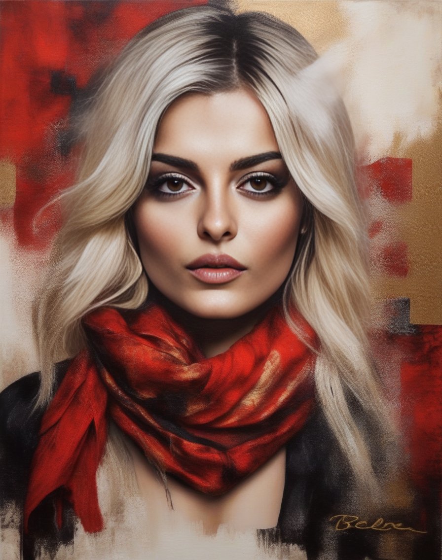 BebeRexha,<lora:BebeRexhaSDXL:1>breathtaking portrait of a gorgeous girl, sultry, red scarf, dark gold and black, gossamer fabrics, jagged edges, eye-catching detail, insanely intricate, vibrant light and shadow , beauty, paintings on panel, textured background, captivating, stencil art, style of oil painting, modern ink, watercolor , brush strokes, negative white space