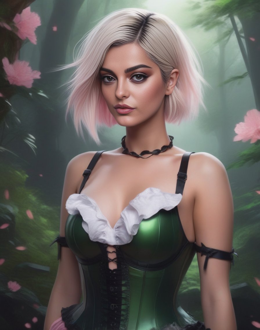 BebeRexha,<lora:BebeRexhaSDXL:1>Anime portrait by WLOP and Artgerm, trending on artstation, (masterpiece, best quality), 1girl, pixie, in a fantasy forest, green Short Wavy Hair with, Size DD breasts, pink Corset top and Ruffled mini skirt kneehighs,