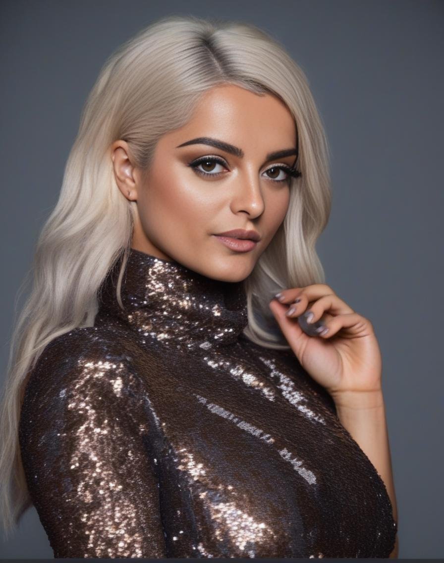 BebeRexha,<lora:BebeRexhaSDXL:1>The image features a beautiful woman wearing a dark grey sequin dress, which is adorned with bronze sequins. She is posing for the camera, with her hand on her chin, lipstick, and her long hair is styled in a ponytail. The woman appears to be confident and poised, showcasing her elegant attire and striking appearance.