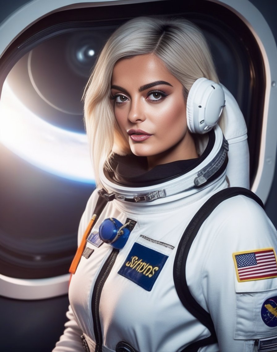 BebeRexha,<lora:BebeRexhaSDXL:1>,photo,detailed background, stunning beauty, high quality photo, perfect composition, perfect details and textures, highly detailed, front view, looking at camera, perfect lighting, with an astronaut suit in the space station