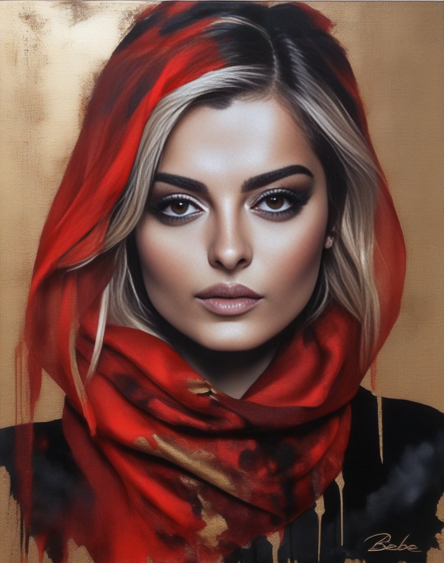 BebeRexha,<lora:BebeRexhaSDXL:1>breathtaking portrait of a gorgeous girl, sultry, red scarf, dark gold and black, gossamer fabrics, jagged edges, eye-catching detail, insanely intricate, vibrant light and shadow , beauty, paintings on panel, textured background, captivating, stencil art, style of oil painting, modern ink, watercolor , brush strokes, negative white space