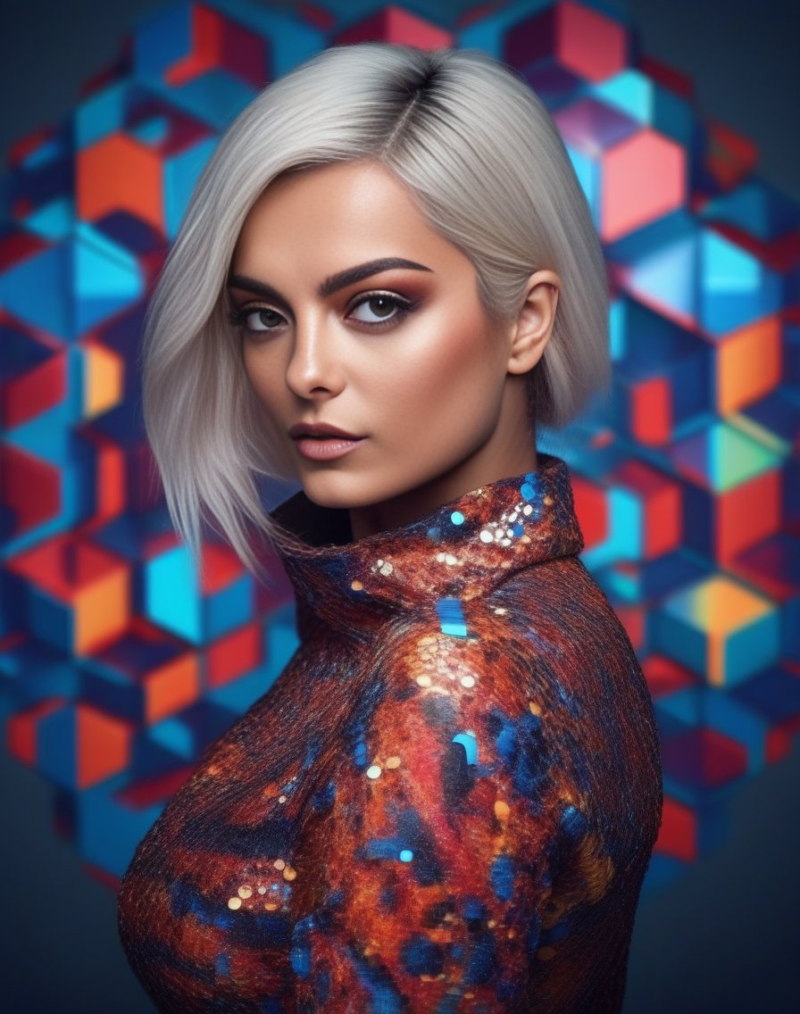 BebeRexha,<lora:BebeRexhaSDXL:1>, cinematic photo (full-body:1.85) A futuristic portrait of a beautiful young woman on a simple paper studio background with a strong colourful intricate circular geometrical pattern, geometrical makeup, (highly detailed skin texture:1.6), pores, high contrast . 35mm photograph, film, bokeh, professional, 4k, highly detailed