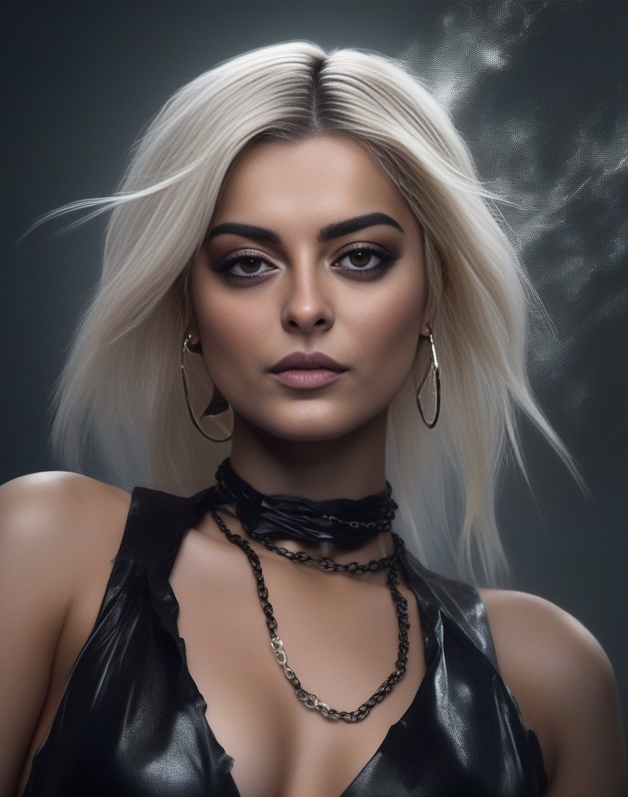 BebeRexha,<lora:BebeRexhaSDXL:1>female, realistic photo, 4k'of a female body covered in water and wind " by greg rutkowski! :6 arms up!!! with her hands outstretched!! serious expression wearing black dress holding golden chains around the neck!, photorealistic portrait" face eyes closed mouth closeup full-length view looking at camera ::2 front facing | trending on artstation::vogue magazine cover style dust clouds background intricate detail dramatic lightning + masterpiece of field+sakimichan Hura&D wallpaper tarot card design illustration stunning deep colors hd resolution cliffside shot girl cyborg model pose magic catgirl cosplay as pov
