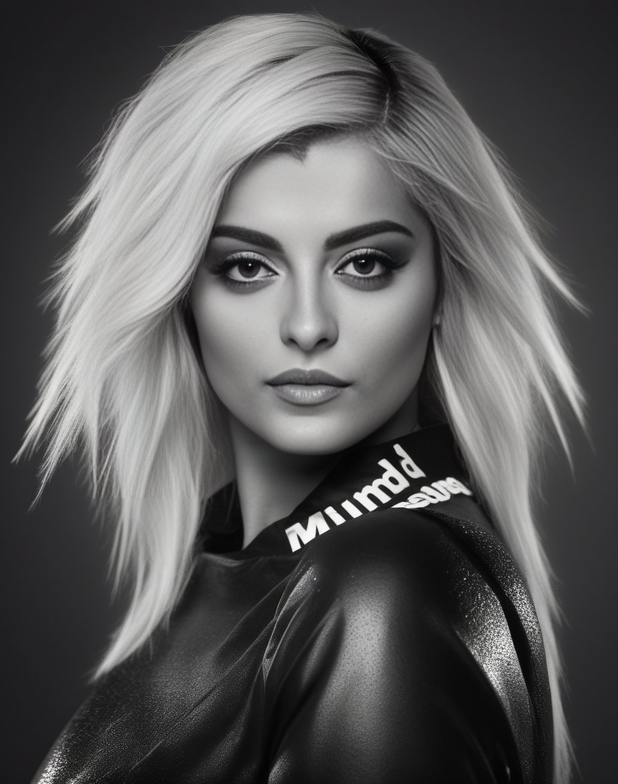 BebeRexha, photograph, stylized, zoomed out of a Lifeless Resourceful Woman, wearing Mind reader Cheerleader uniform, Fur-Trimmed Twist out hairstyle, Raining, behance, Canon 5d mark 4, Zoom lens, BW, <lora:BebeRexhaSDXL:1>