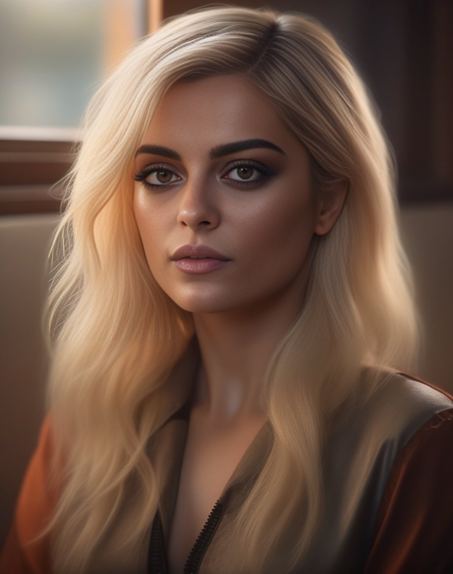 BebeRexha,<lora:BebeRexhaSDXL:1>,portrait,female,dramatic lighting::2&4k-digital painting of a beautiful blonde woman in her 30s with brown eyes and long wavy hair sitting on top atstation concept art smooth illustration highlights from the windows ::8K octane render. Trending cgsociety by James Gurney + Artgerm; wayne reynolds comic book style hyperrealism alphonse much detail character portrait photo shoot nikon dassen Kopermann & Dune sci fi dramatic cinematic lightning cute adorable moody sunset light professional boke details painterly 3/5 shot