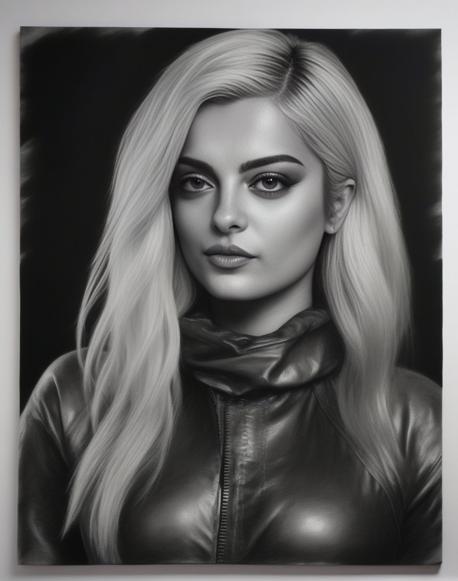 BebeRexha,<lora:BebeRexhaSDXL:1>charcoal drawing of a girl by timothy, in the style of hyper-realistic sci-fi, detailed perfection, hyper-realistic details, realistic human figures, heavy use of palette knives, hyper-realistic pop, frayed