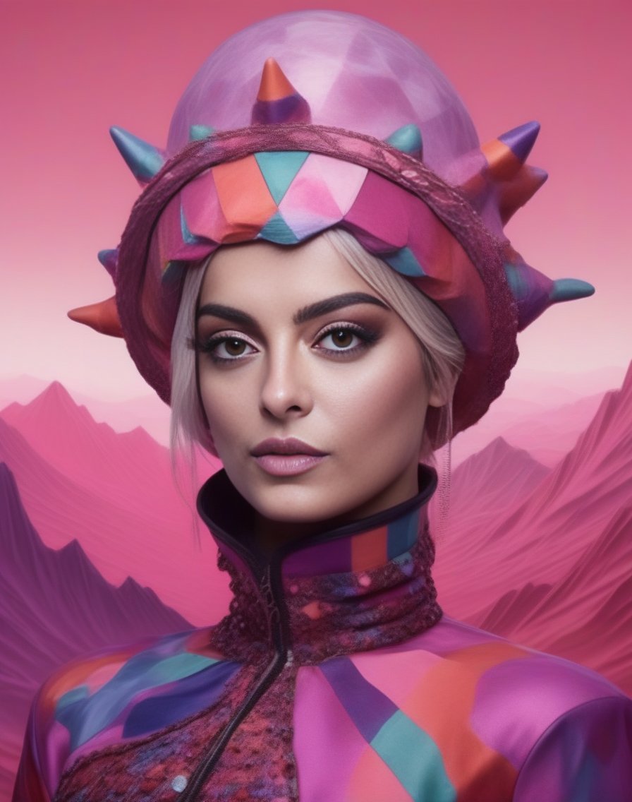 BebeRexha, portrait,close up of a Avant-Garde flyweight Woman, infused with ethereal color Court jester, wearing Wizard outfit, dense mountains, Hazy conditions, Surprising, Ceramic, Dada Art, Magenta hue, (art by Shigenori Soejima:0.8) , <lora:BebeRexhaSDXL:1>