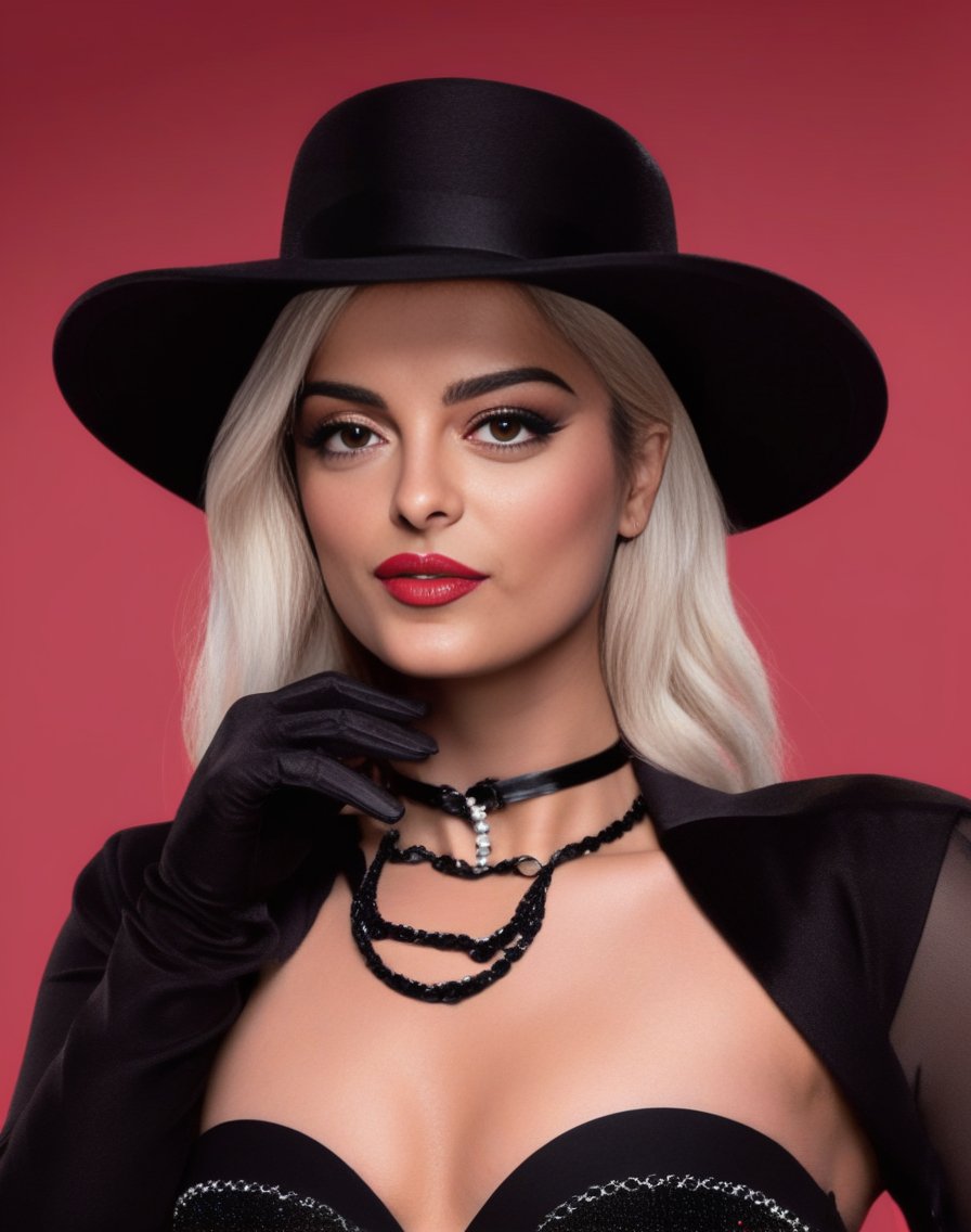 BebeRexha,<lora:BebeRexhaSDXL:1>The image features a woman wearing a black hat, a black dress, and a pearl necklace. She is posing for a picture, and her lips are painted red. The woman is also wearing a black glove, which adds to her elegant and stylish appearance. The combination of her outfit, makeup, and accessories creates a sophisticated and timeless look. (controlnet_mode:canny sdxlYamersRealism2, sdxl-1. 0. 0. 9. safetensors, SeargeSDXL4. 2-Llama2 prompt)