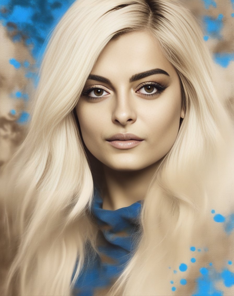 BebeRexha, portrait,close up of a Serbian Female, Alhambresque Blonde hair, autumn forest, Bokeh, Rough sketch, 60s Art, Sepia filter, dripping with DayGlo blue, poster art, <lora:BebeRexhaSDXL:1>