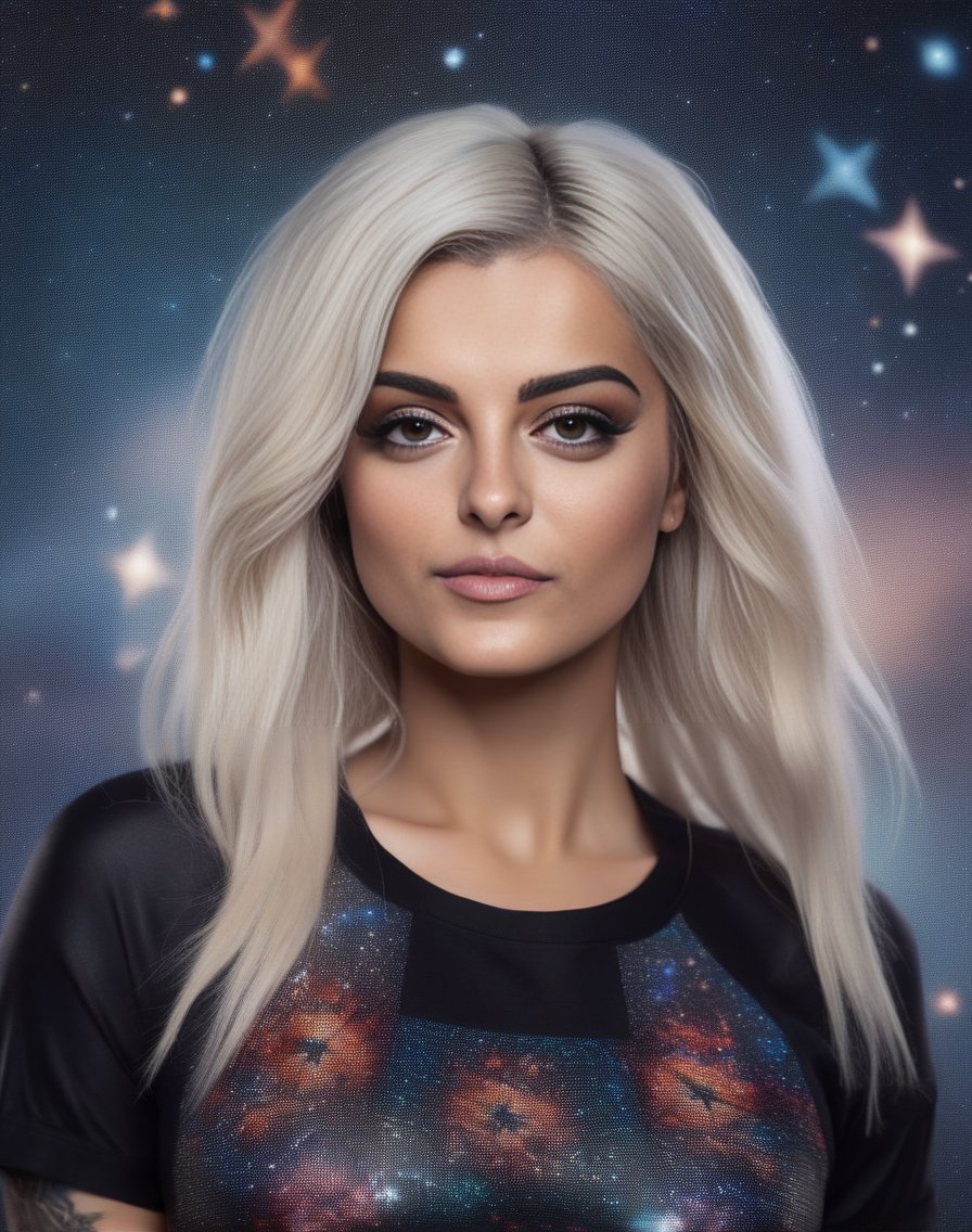 BebeRexha, portrait,close up of a Mosaic-Like Dreamlike Female, Jumping, Trendy hair, Belarusian Ferrari Tattoo, Stars in the sky, Bokeh, Goth Art, hair light, <lora:BebeRexhaSDXL:1>