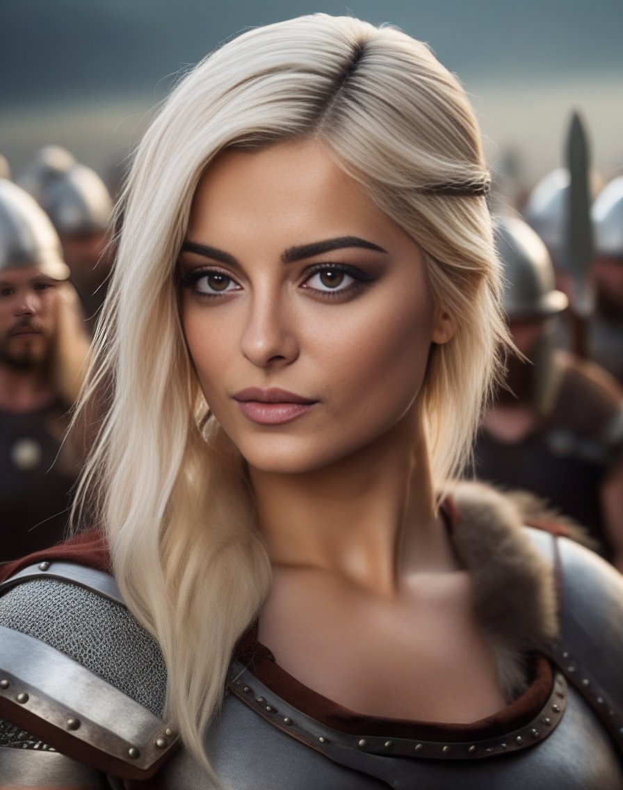 BebeRexha,<lora:BebeRexhaSDXL:1>,photo of a gorgeous woman), (professional photography), (scenic background), ((as a viking warrior woman)), ((close-up)), masterpiece, best quality, (eye contact), (looking at the viewer), centred, (shot from front), blurred_background, proportional