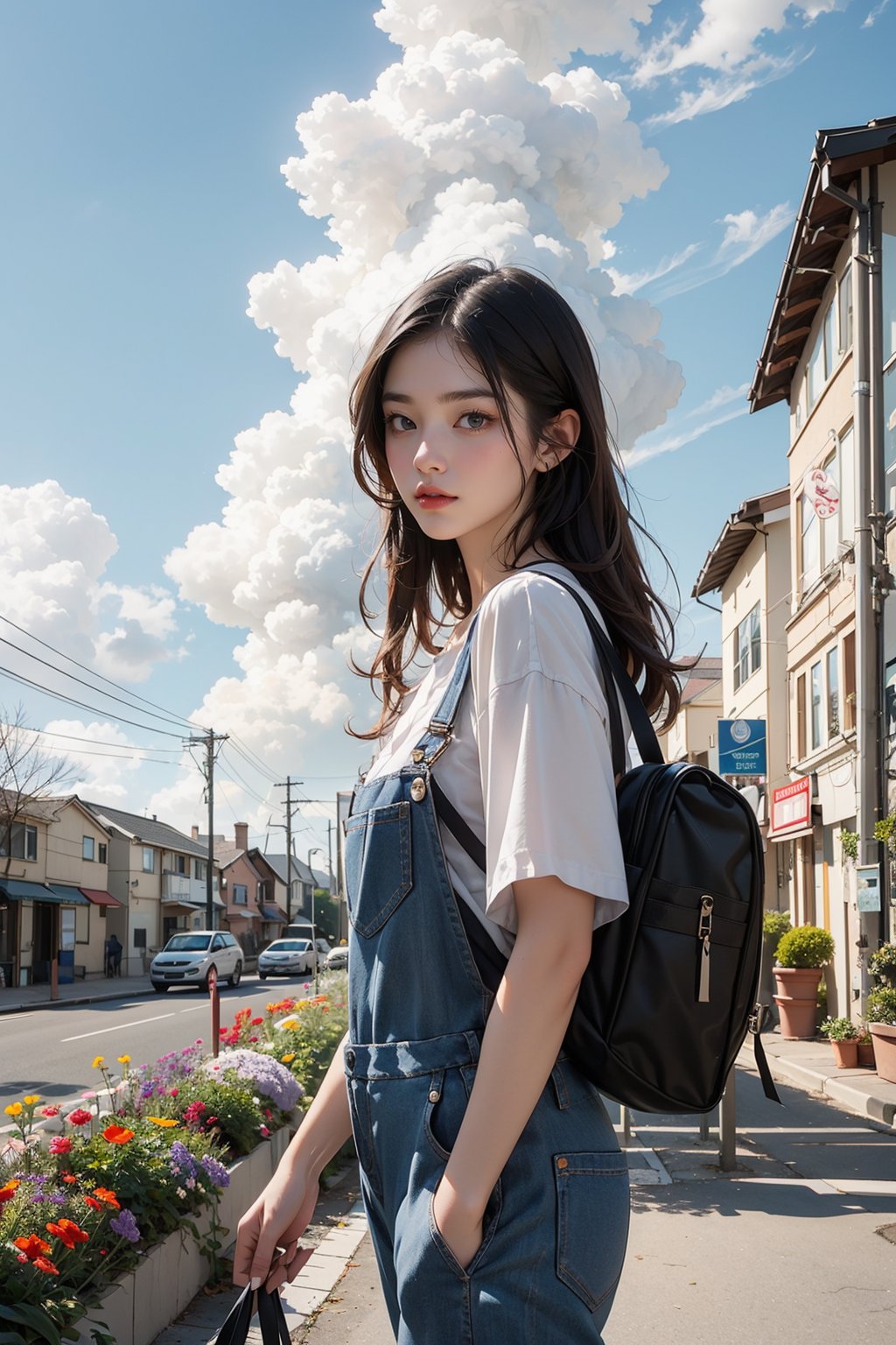 26yo girl , solo, looking at viewer,
illustration, original, extremely detailed,
outdoors, wide shot, overalls, flower, walking,
cloud, building, sky,