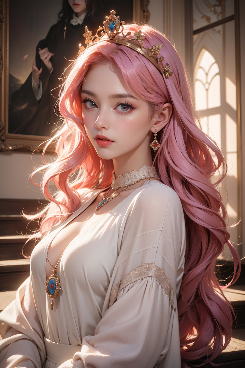 (absurdres, highres, ultra detailed),
1girl, 26yo girl,
wavy long hair, pink hair, coral eyes, bangs, long sleeves,

finely detailed eyes and detailed face, extremely detailed CG unity 8k wallpaper, intricate details,
(style-swirlmagic:1.0),  looking at viewer, solo, upper body, detailed background, close up,  detailed face,

(purple medieval byzantine theme:1.1), royal monarch, aristocratic, floating particles, rose petals, sitting on stairs, ballroom background, symmetrical composition, sidelighting, cinematic atmosphere, shadows, royal crown, jewels, , portrait, wind swirling