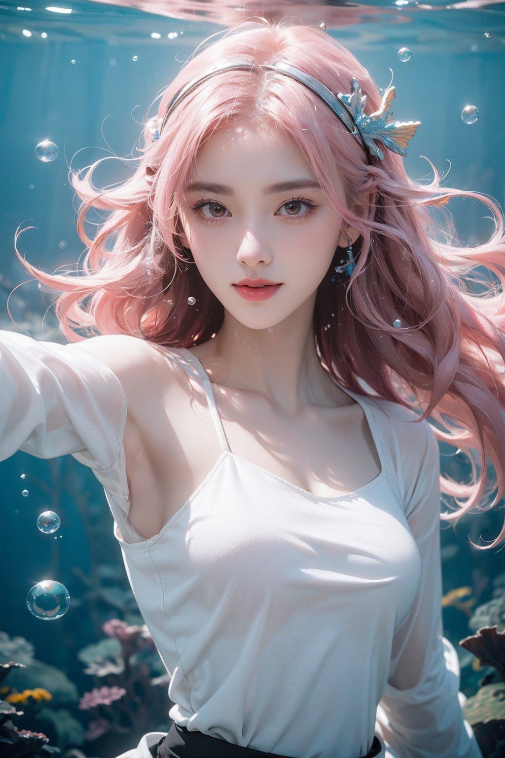  In the photo, the girl is floating underwater, smiling at the camera, grin, surrounded by foam, Body glow, Arms outstretched,

(wide Angle, Low Angle, Underwater, bubble, foam, Super long pink hair floating in the water, upper body:1.5),

white top, pleated skirt, Small black leather shoes and White cotton socks, lean forward, long sleeves, brown eyes, mini skirt,

Water, In the pool, swimming,

HDR, Vibrant colors, surreal photography, highly detailed, masterpiece, ultra high res,
high contrast, mysterious, cinematic, fantasy, bright natural light,