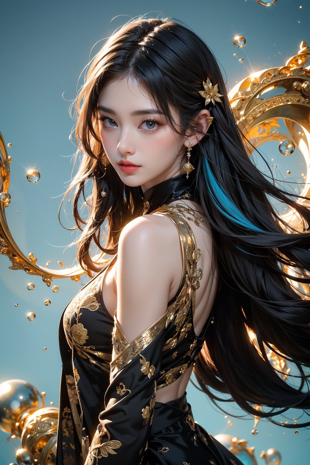 1 girl stands in black and gold fluid, looks at viewer,
(fractal art:1.3), black and gold, floating pink long hair,
precise facial structure, Gradient white|light blue fluid, organic feel, bubbles,
cowboy shot,

vivid color, colorful background,