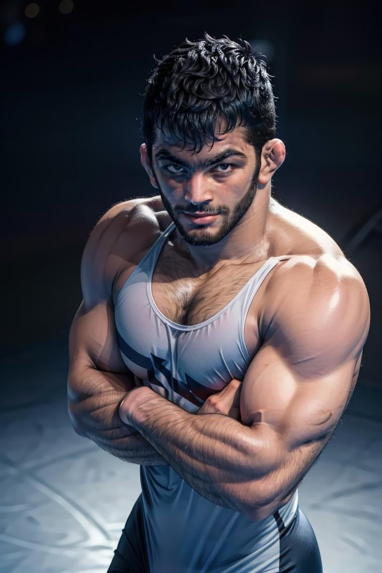 (masterpiece,  best quality:1.2),  man,  facial hair,  solo,  1boy,  smirk,  (depth of field:1.1),  ,  photo of man,  wrestling singlet,  crossed arms , medium shot,  arena,  masterpiece,  view from above,  highness,  perfect face,  perfect picture,  detailed eyes,  sharp focus, High detailed view,<lora:EMS-89264-EMS:1.000000>