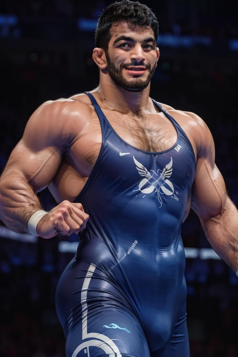 (masterpiece,  best quality:1.2),  man,  smiling,  beard,  (depth of field:1.1),  ,  photo of a person,  dressed as wrestler,  wrestling singlet,  portrait:1.4,  ((((medium shot)))),  view from below,  flexing,  arena,  gum,  masterpiece,  highness,  perfect face,  perfect picture,  detailed eyes,  sharp focus, High detailed view,<lora:EMS-89264-EMS:1.000000>
