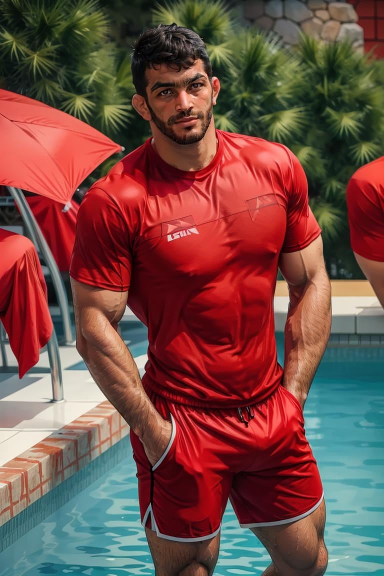 (masterpiece,  best quality:1.2),  man,  facial hair,  solo,  1boy,  smirk,  (depth of field:1.1),  ,  photo of person,  looking over shoulder,  ((red shorts,  red shirt)),  lifeguard,  poolside,  , cowboy shot,  ,  sweaty skin, ,  masterpiece,  highness,  perfect face,  perfect picture,  detailed eyes,  sharp focus, High detailed view,<lora:EMS-89264-EMS:1.000000>