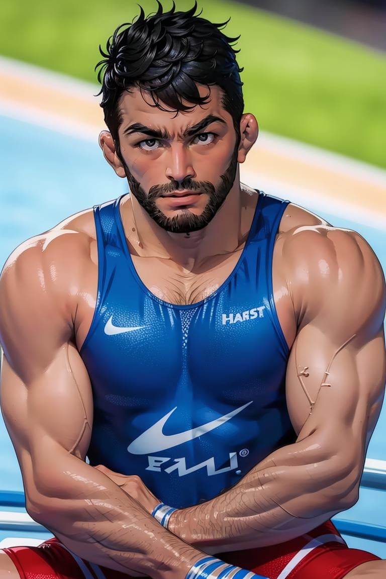 (masterpiece,  best quality:1.2),  man,  muscular:1.5,  (depth of field:1.1),  photo of person,  dressed as wrestler,  wrestling singlet,  crossed arms,  sitting,  park,  picnic,  masterpiece,  highness,  perfect face,  perfect picture,  detailed eyes,  sharp focus, High detailed view,<lora:EMS-89264-EMS:1.000000>