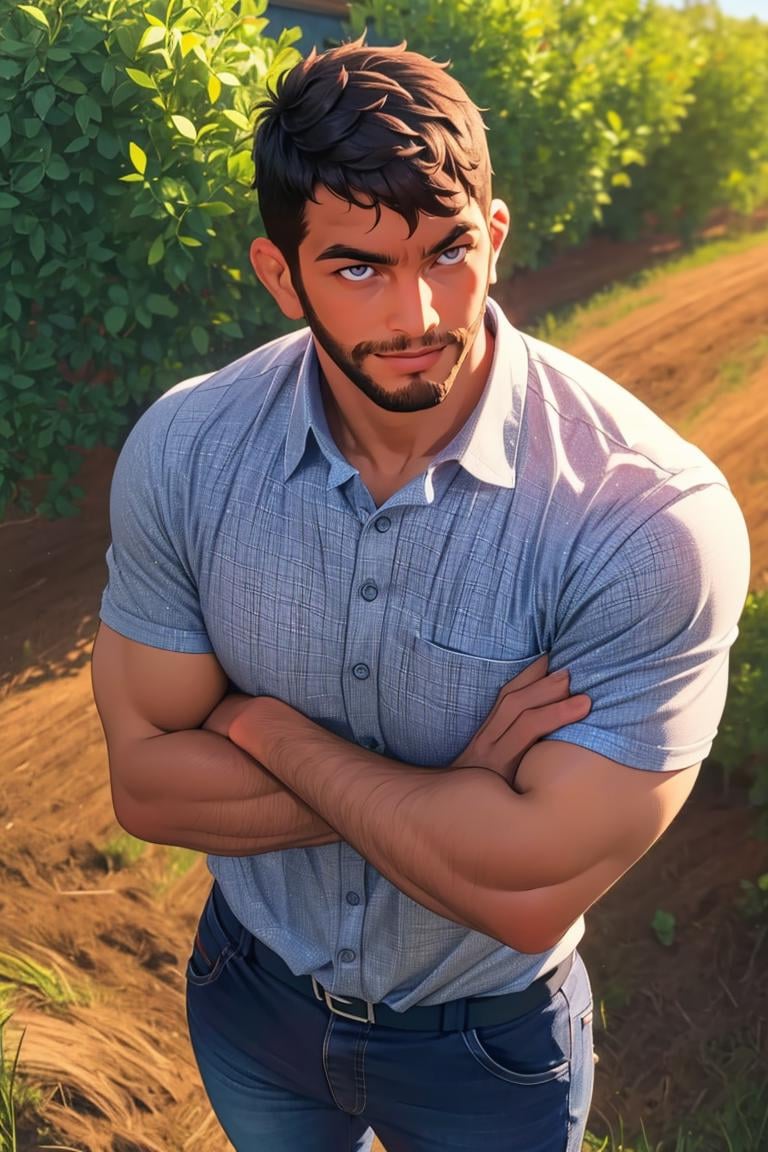 (masterpiece,  best quality:1.2),  man,  smirk,  crossed arms,  (depth of field:1.1),  ,  photo of person,  plaid shirt,  denin pants,  standing,  at the farm,  view from above,  , masterpiece,  highness,  perfect face,  perfect picture,  detailed eyes,  sharp focus,  muscular, High detailed view,<lora:EMS-89264-EMS:1.000000>