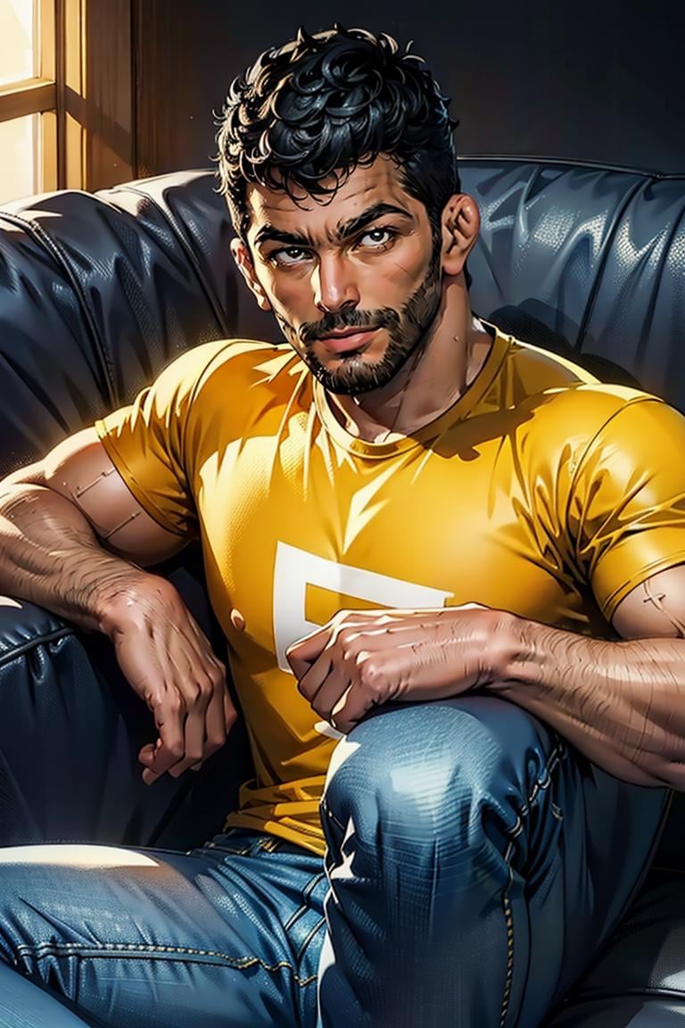 1guy,  (yellow t-shirt),  denim pants,  ,  muscular:1.5,  thick legs,  spread legs,  ,  sitting,  smirk,  at the couch,  seducing,  looking to viewer,  natural lighting,  detailed face,  detailed eyes,  masterpiece,  high_res,  perfect face,  ,  High detailed,  mattrh,<lora:EMS-89264-EMS:1.000000>