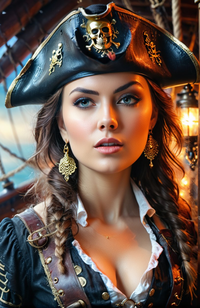 cool dangerous sexy female pirate on a pirate ship,  realistic closeup model portrait,  4k,  light reflecting in eyes,  painted background,  studio portrait,  soft light,  rim lighting,  twinkle in the eyes,  bokeh background,  painterly,  Razumov Konstantin,  Vladimir Volegov,<lora:EMS-154951-EMS:0.800000>,<lora:EMS-198906-EMS:0.900000>,<lora:EMS-37230-EMS:0.700000>,<lora:EMS-52717-EMS:0.800000>,<lora:EMS-21468-EMS:0.900000>