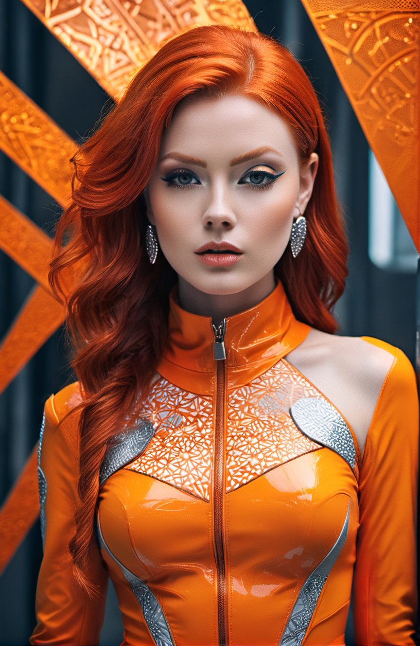 A beautiful redhead female artist all orange sleek futuristic outfit, with intricate patterns, details, design, clean makeup, with depth of field, fantastical edgy and regal themed outfit, captured in vivid colors, embodying the essence of fantasy, minimalist, film grain
