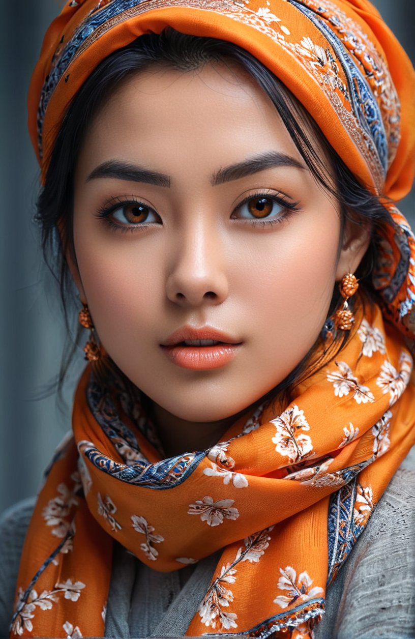 Photo of Beautiful young woman. Detailed face. Close up. Beautiful mesmerizing eyes. (((Scarf Orange))). Smooth skin. Light and Shadows on face. Vibrant colors. Balanced. Symetrical.,  Miki Asai Macro photography,  close-up,  hyper detailed,  trending on artstation,  sharp focus,  studio photo,  intricate details,  highly detailed,  by greg rutkowski,<lora:EMS-154951-EMS:0.700000>,<lora:EMS-198906-EMS:0.900000>,<lora:EMS-37230-EMS:0.700000>,<lora:EMS-57135-EMS:0.800000>